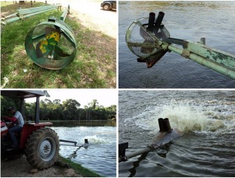Tractor-powered, water circulator propellers such as this one can be used for either emergency aeration or for mixing pond water, just by regulating its operational depth. Circulators will force oxygen rich water to move down and contact oxygen depleted bottom water, increasing oxygen levels in pond bottoms. Photos by Fábio Mori.